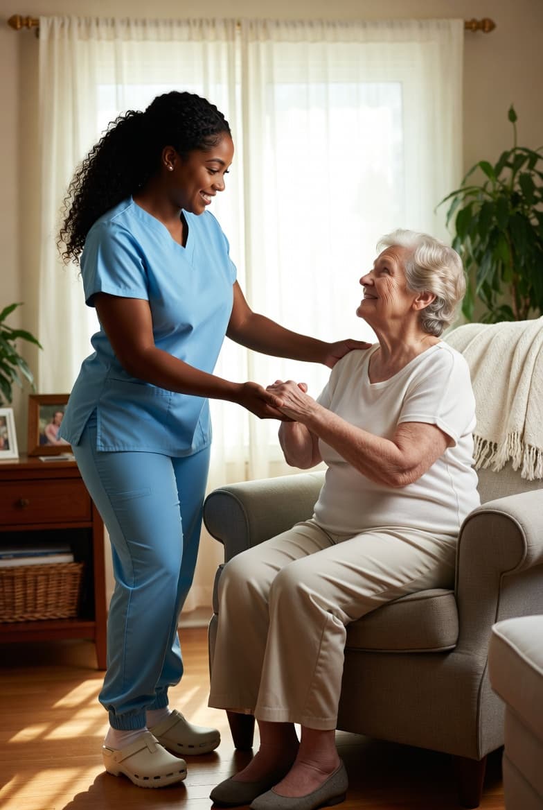 Caregiver helping senior client in their home
